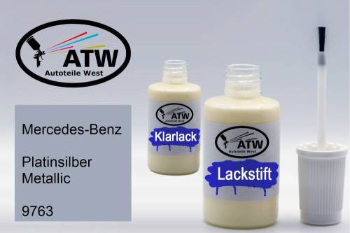 Mercedes-Benz, Platinsilber Metallic, 9763: 20ml Lackstift + 20ml Klarlack - Set, von ATW Autoteile West.